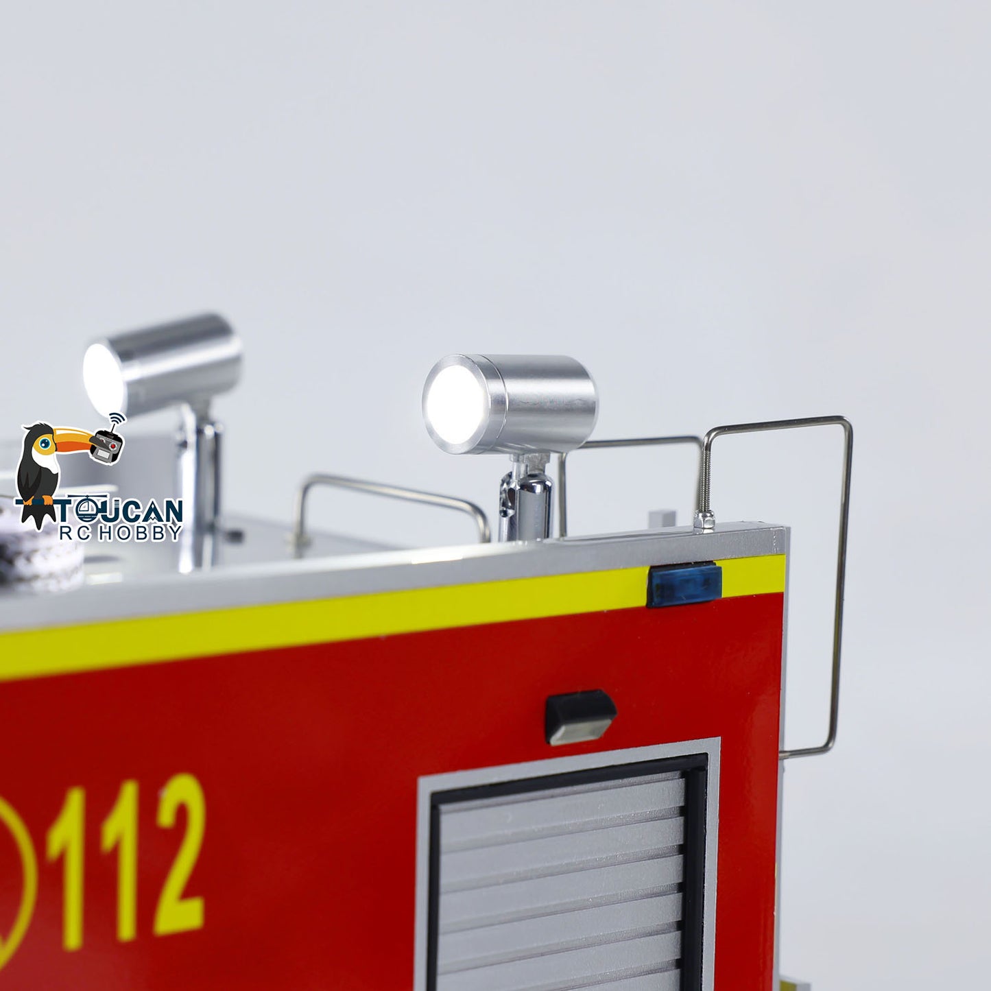 TOUCAN 1/14 4x2 RC PS010 Fire Truck Body Corner Close‑Up, Side Light Bracket, Roller Shutter Door And Yellow Warning Edge Decal