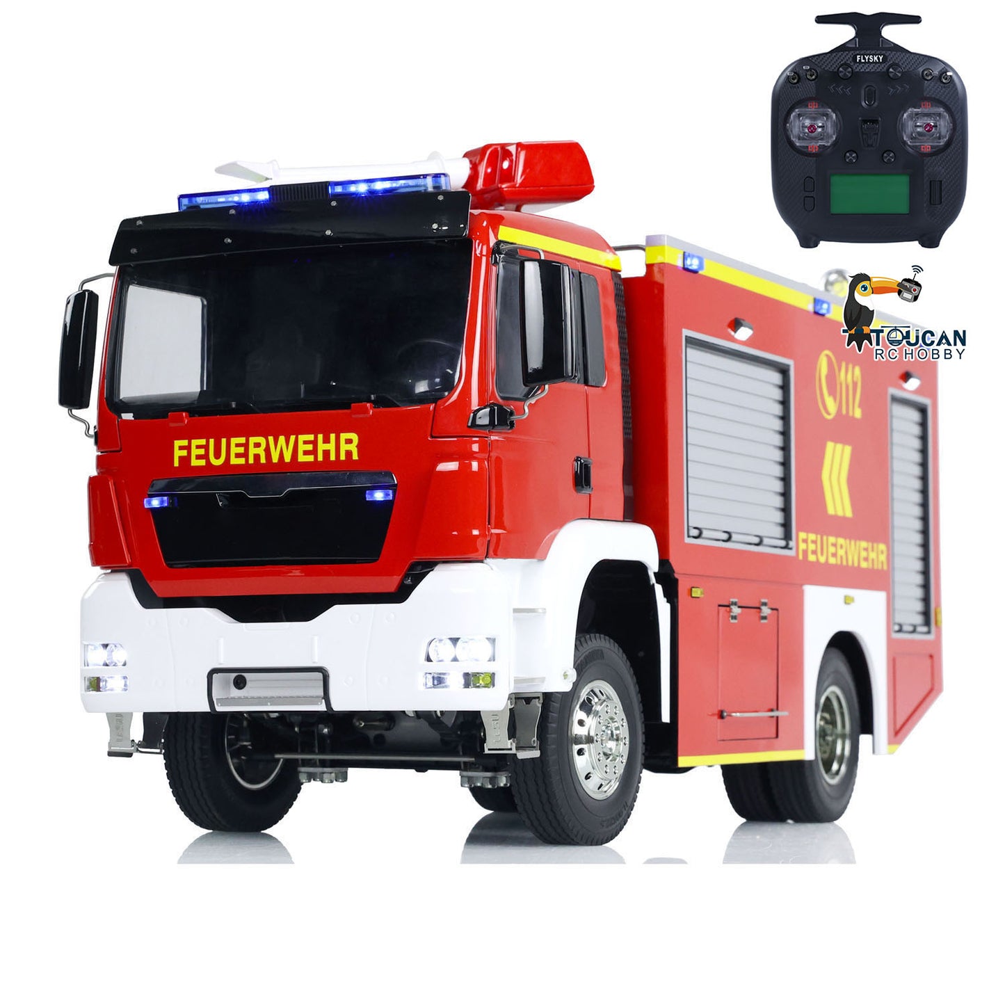 TOUCAN 1/14 4x2 RC PS010 Fire Truck Straight Front View, Complete Cab Front Face, German Language Body Decal, RC Fire Apparatus With ST8 Transmitter