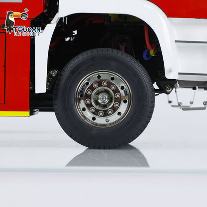 TOUCAN 1/14 4x2 RC PS010 Fire Truck Front Wheel Close‑Up, Rubber Tire, Metal Wheel Hub And Axle Suspension Mechanical Details