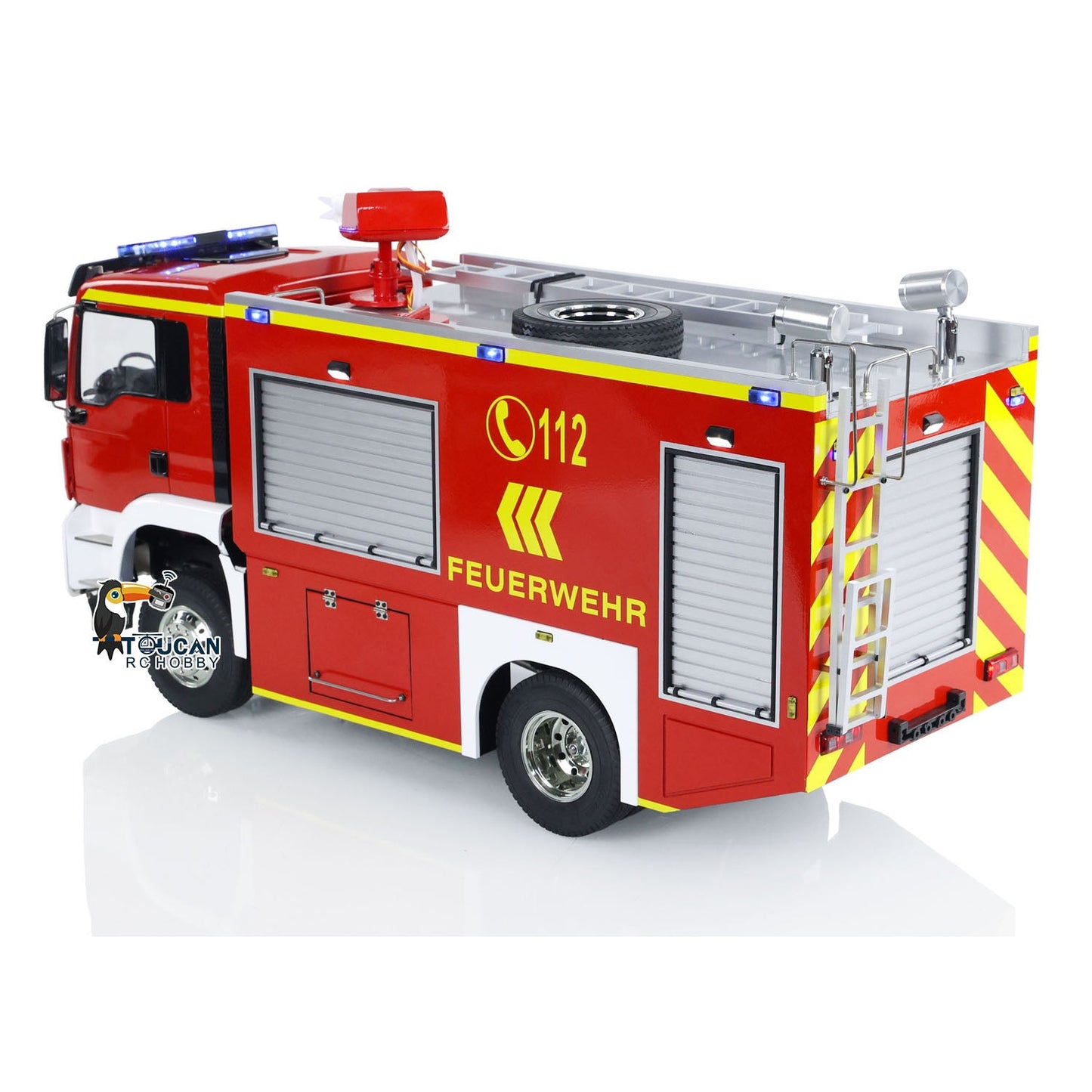 TOUCAN 1/14 4x2 RC PS010 Fire Truck Rear Side View, Yellow‑Red Warning Stripe, Side Roller Shutter Compartment Door Details