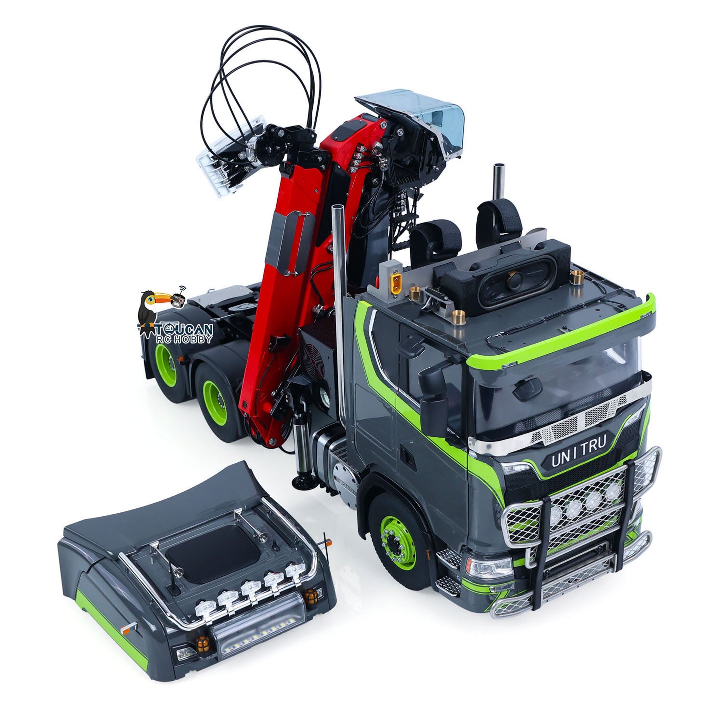 TOUCAN 1/14 RC Tractor Truck With LESU Metal 6x6 Chassis, Lifted Hydraulic Log Crane Arm, Multiple Decorative Lights, Dark Gray‑Green Painted Body
