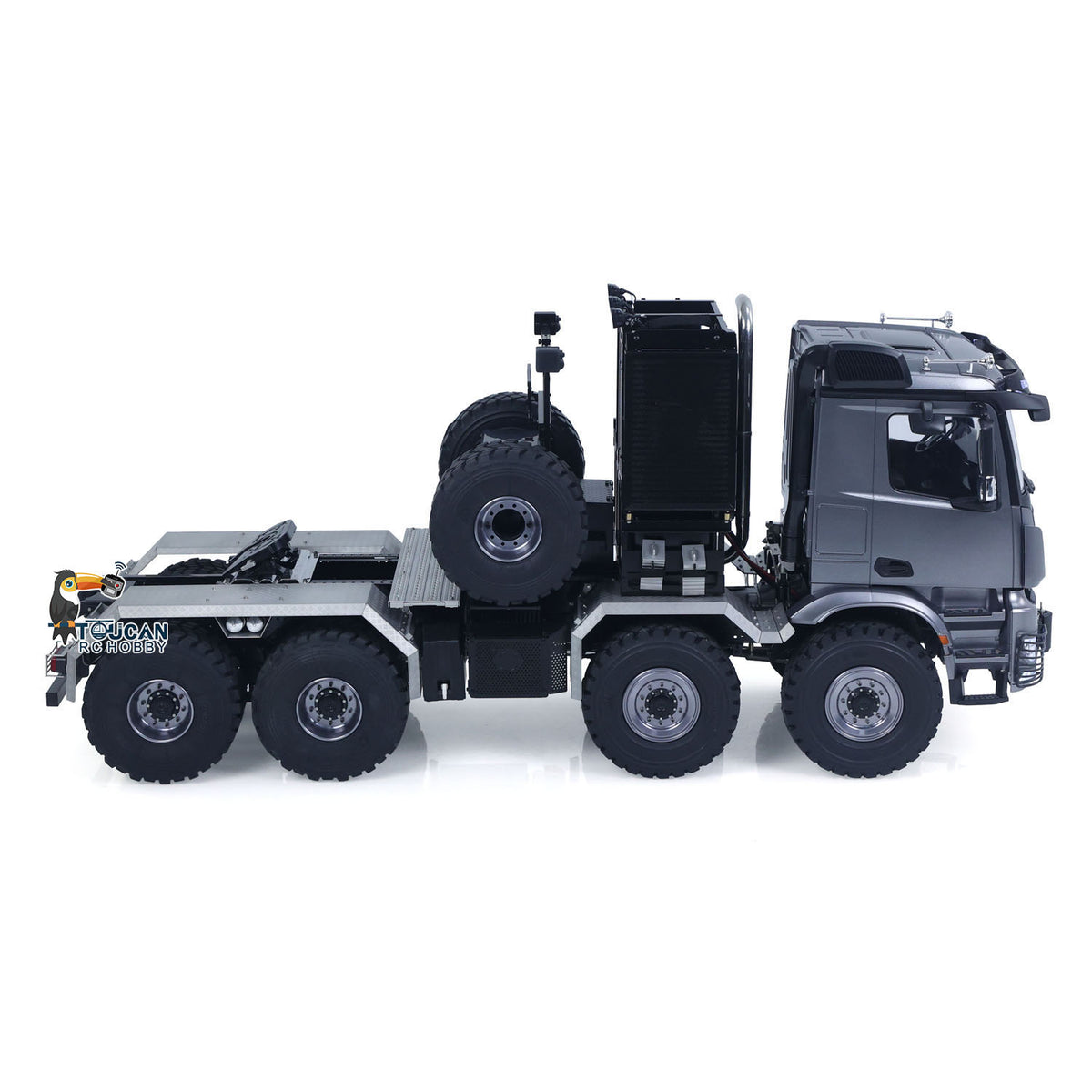 TOUCAN 1/14 RC 8x8 Off‑Road Tractor Truck Grey Right‑Side Oblique View, Heavy‑Duty Off‑Road Tire Set, Rear Spare Tire Mount