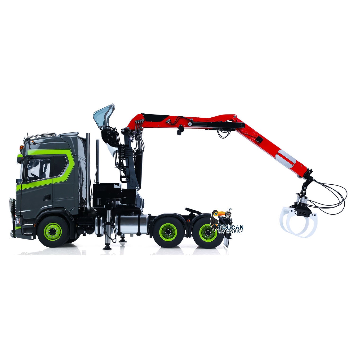 TOUCAN 1/14 RC 6x6 Tractor Truck Static Side View, Hydraulic Log Grab In Down Position, MD 770 Dark Gray‑Green Cab Body