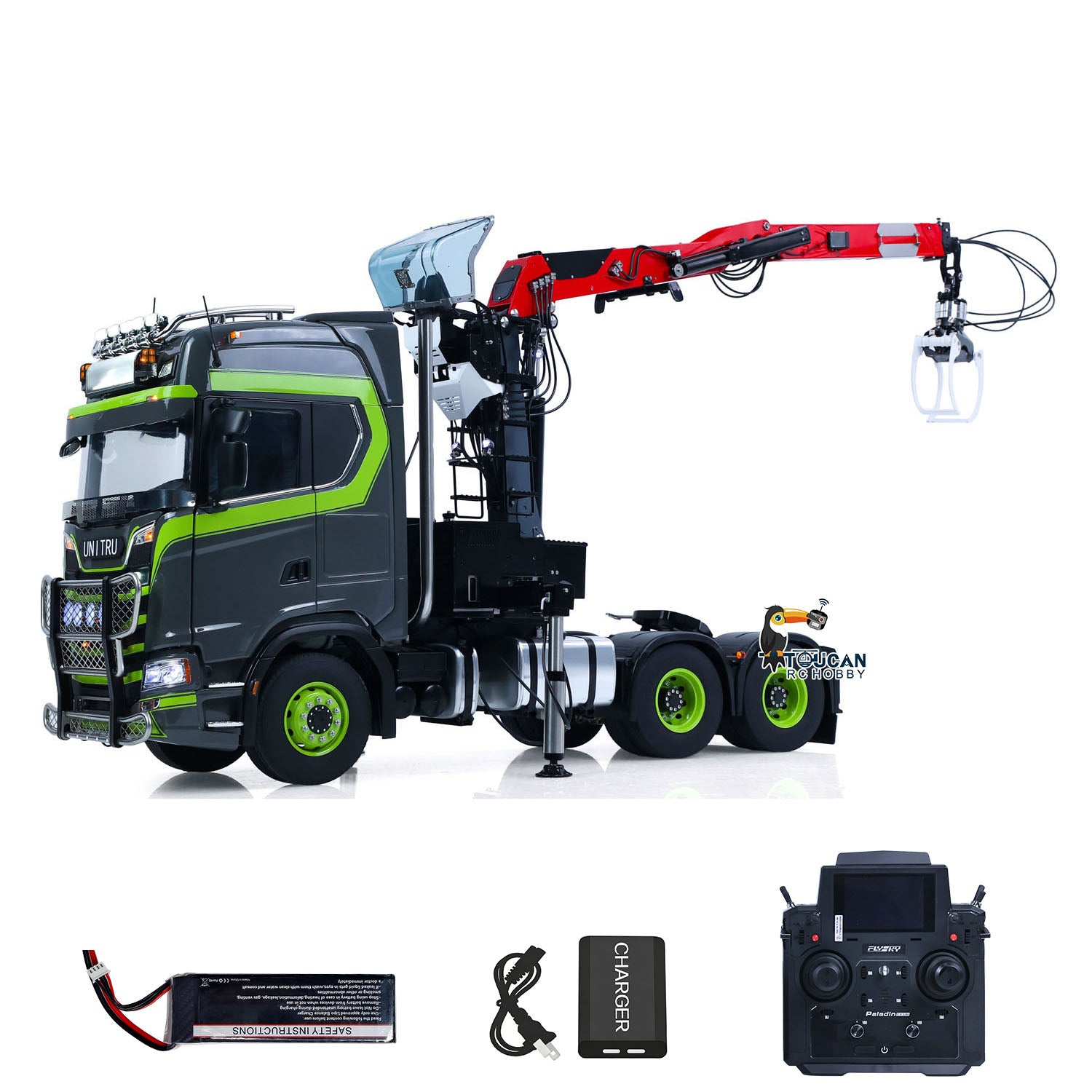 TOUCAN 1/14 RC Tractor Truck, LESU Metal 6x6 Chassis, Hydraulic Log Crane, MD 770 Cab, Magnetic High‑Roof Electromagnetic Mount, Differential Lock, Light Sound & Smoke System, PL18EVLite Transmitter, Battery And Charger Included, Dark Gray And Green RC Model