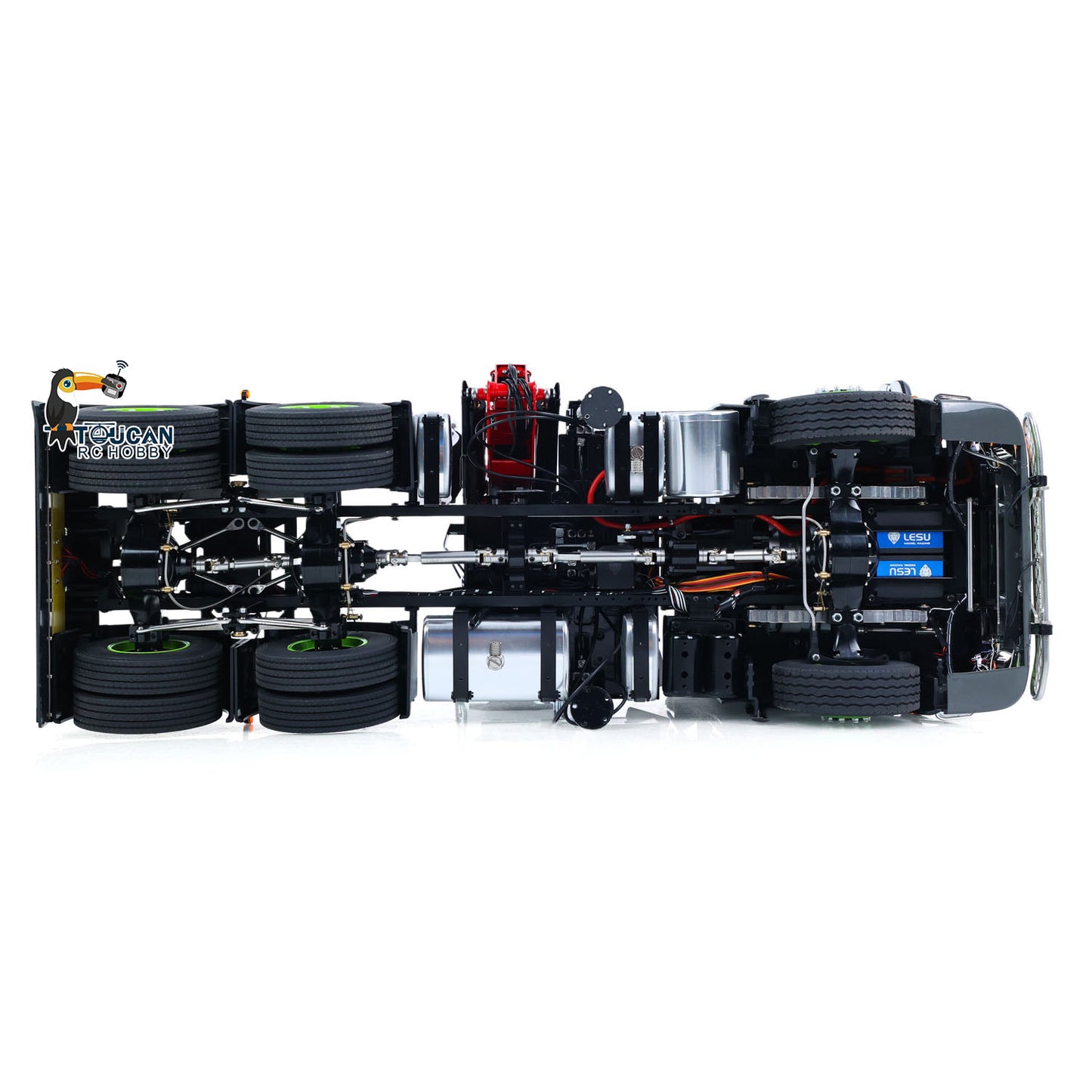 TOUCAN 1/14 RC Tractor Truck Top‑Down Under‑Chassis View, LESU Full‑Metal 6x6 Chassis, Differential Lock Structure, Complete Drivetrain And Electronic Components