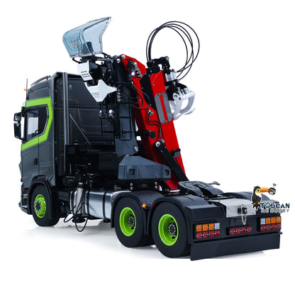 TOUCAN 1/14 RC 6x6 Tractor Truck Right Rear Oblique Shot, Hydraulic Log Crane Assembly, Metal 6x6 Chassis, Green Accent Wheel Hubs, Full Light System