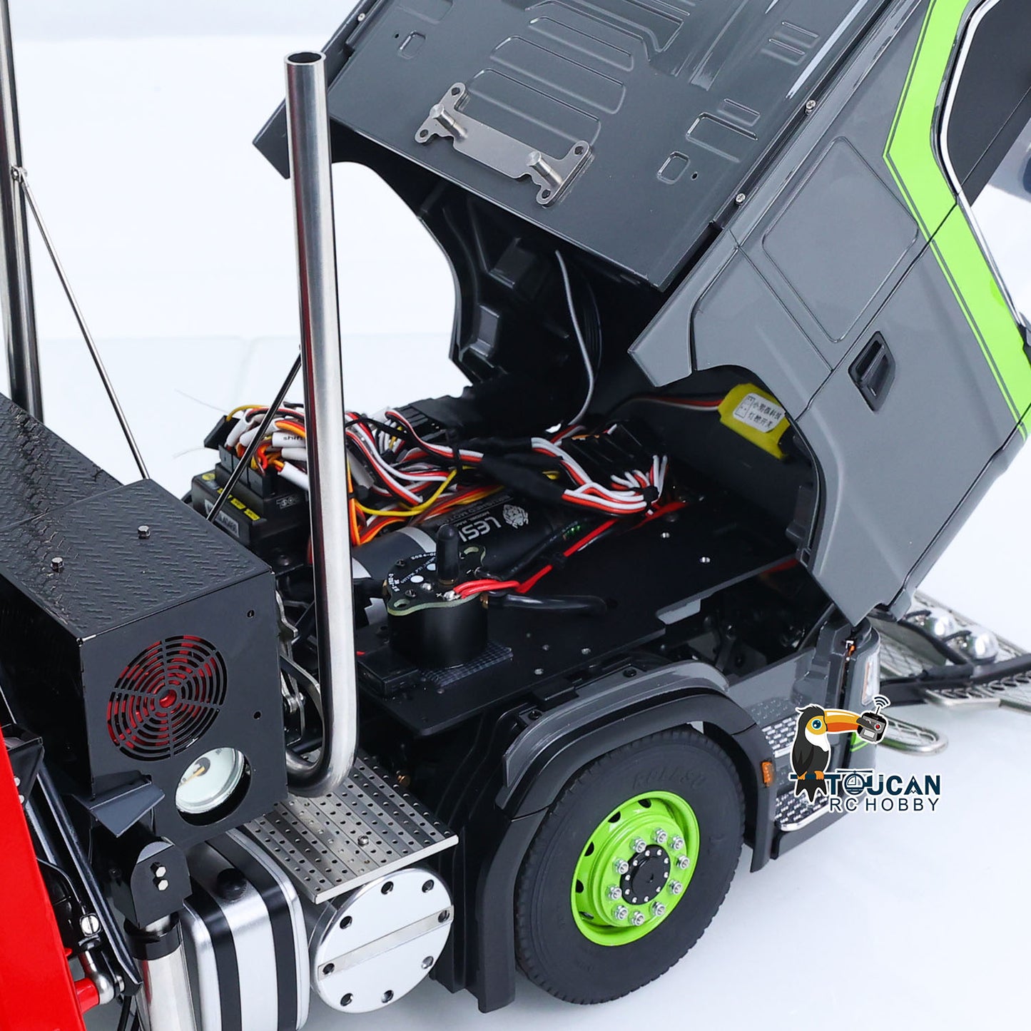TOUCAN 1/14 RC Tractor Truck Tilted Cab Close‑Up, Exposed Internal Motor, ESC And Wiring Harness, LESU Metal 6x6 Chassis Internal Layout