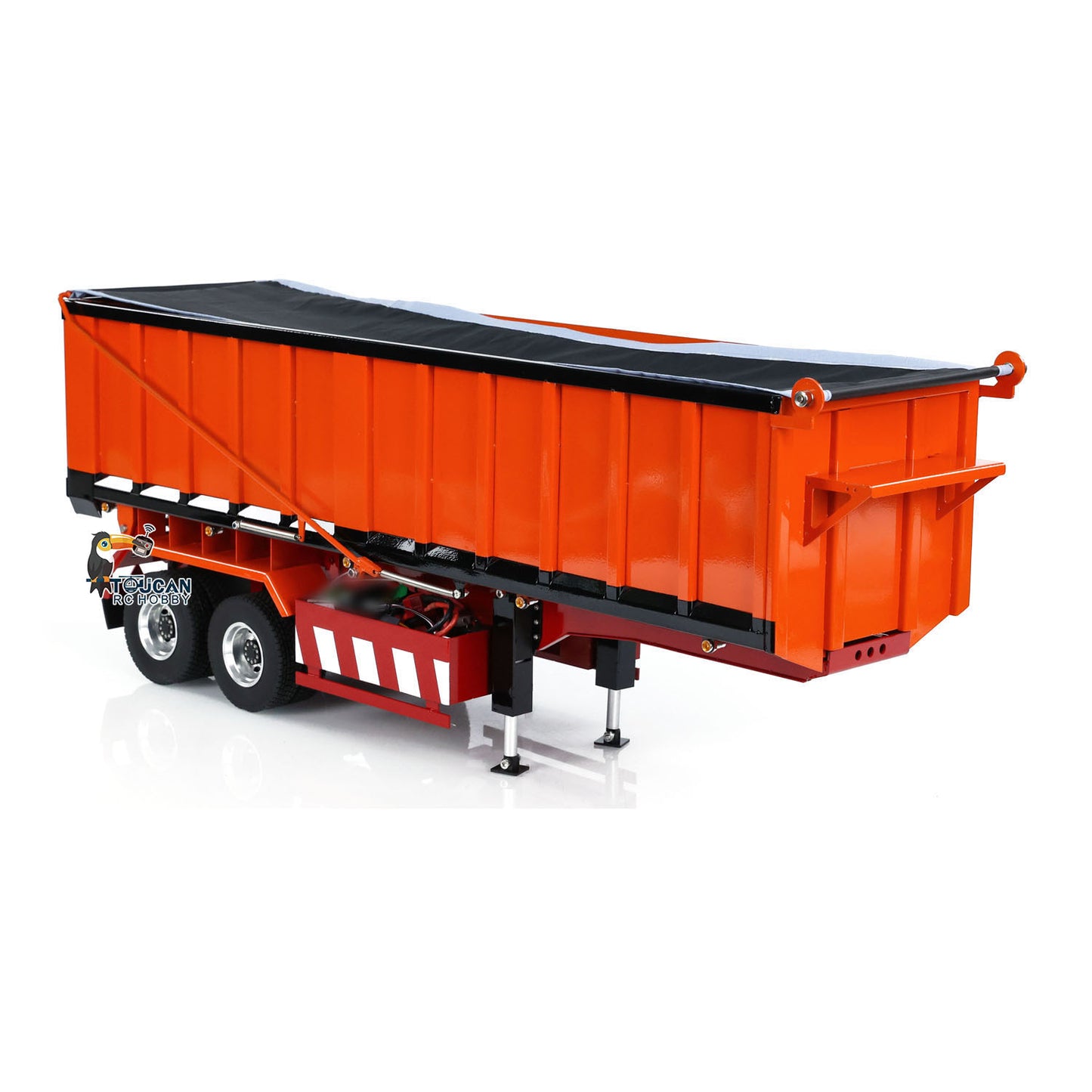 TOUCAN HHG 1/14 RC Dump Semi‑Trailer Rear Quarter View, Flat Cargo Box, Side And Tail Light Assembly, White Warning Stripes On Toolbox