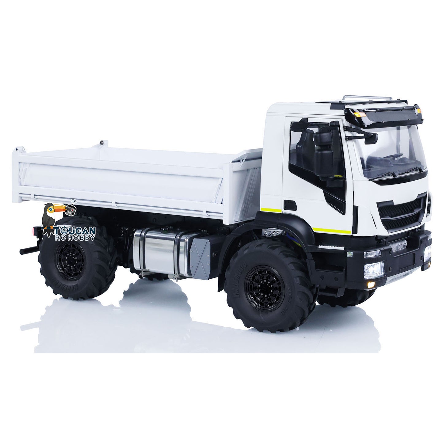 TOUCAN MD 1/14 RC 4x4 Hydraulic Dump Truck Low‑Angle Side Static View, Closed White Cargo Bed, Complete Body Paint Details