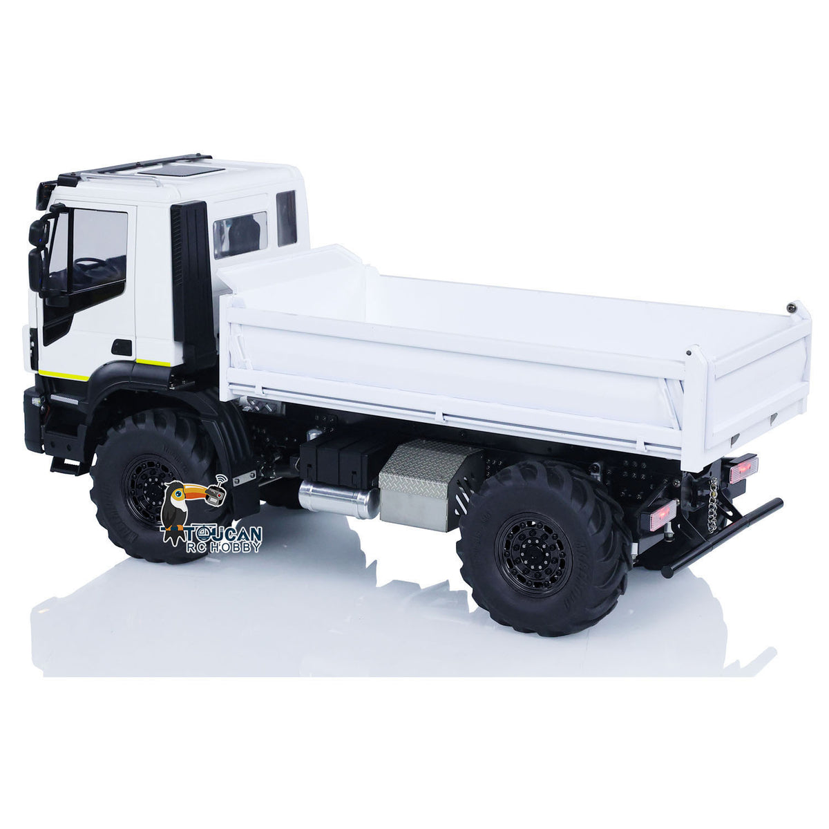 TOUCAN MD 1/14 RC 4x4 Hydraulic Dump Truck Side Profile View, Flat Closed Cargo Bed, Large Off‑Road Monster Tires, White Painted Body