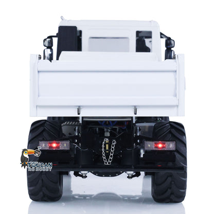 TOUCAN MD 1/14 RC 4x4 Hydraulic Dump Truck Straight Rear View, Rear Taillight Assembly, Hanging Safety Chain, Closed White Cargo Bed Rear Panel
