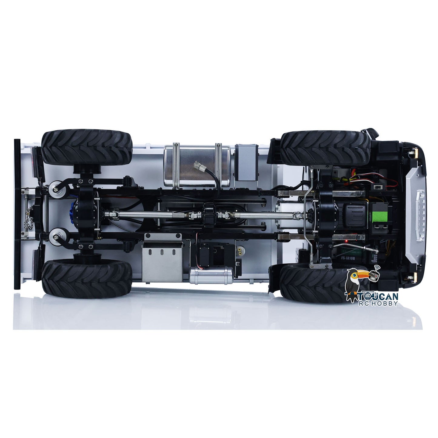 
TOUCAN MD 1/14 RC 4x4 Hydraulic Dump Truck Top‑Down Under‑Chassis View, Complete Drivetrain, Axles And Suspension Mechanical Layout
