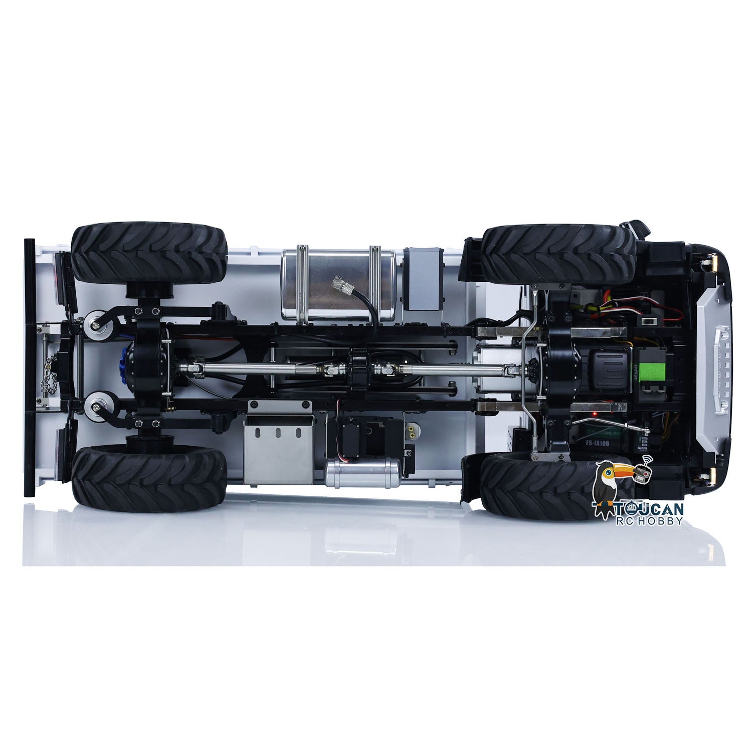 
TOUCAN MD 1/14 RC 4x4 Hydraulic Dump Truck Top‑Down Under‑Chassis View, Complete Drivetrain, Axles And Suspension Mechanical Layout
