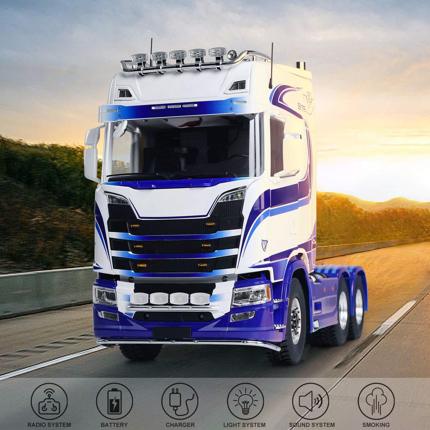 TOUCAN Modified MD 1/14 RC 6x6 Tractor Truck, Metal Chassis Pre‑Assembled, Painted Blue‑White Cab With Decals, Motor ESC Servo Light Sound Smoke Unit, ST8 Transmitter, Battery And Charger Included, RC Heavy Haul Truck Model