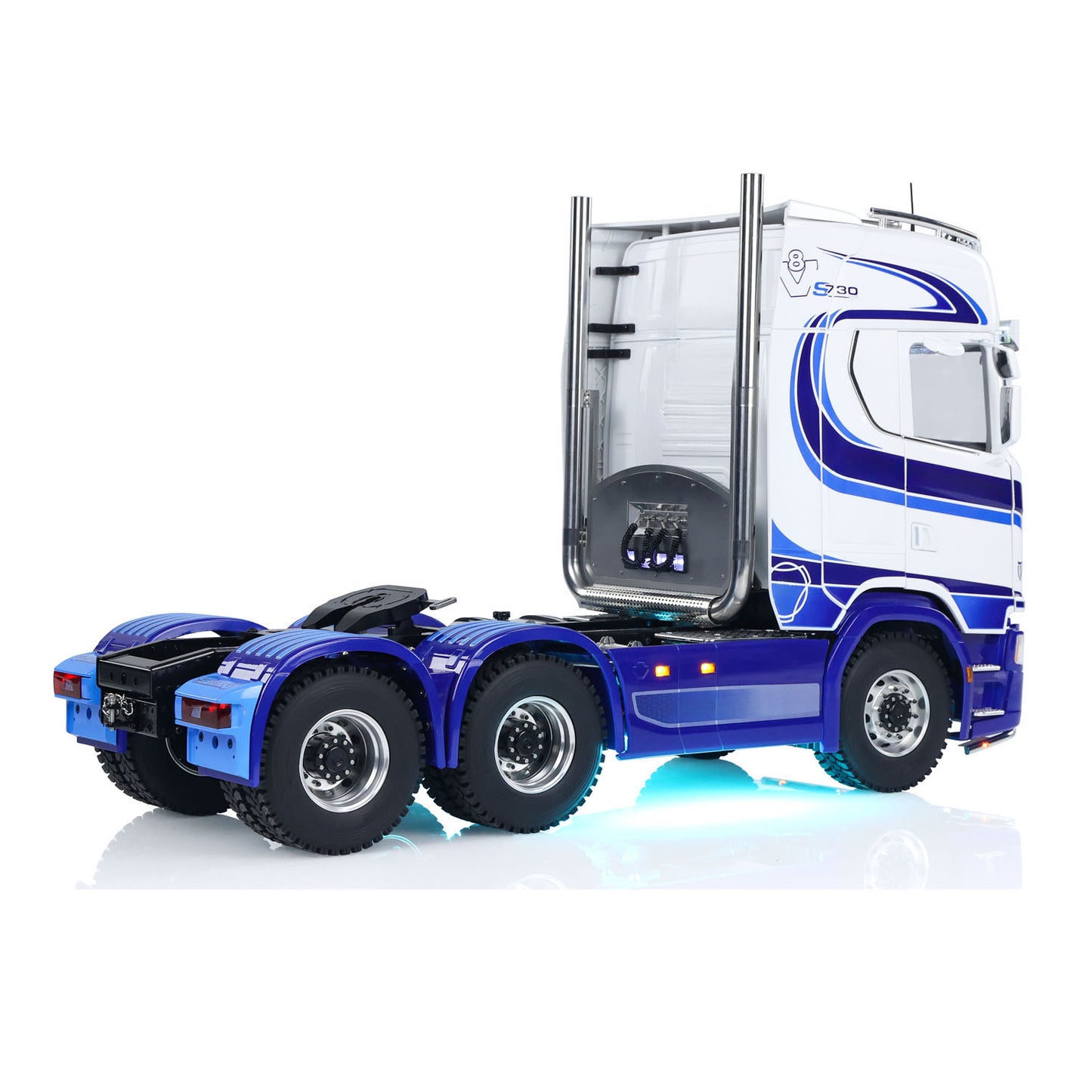 TOUCAN Modified MD 1/14 RC 6x6 Tractor Truck Right Rear Oblique Shot, Simulated Chimney Decor Part, Blue‑White Decal Cab, White Background RC Model