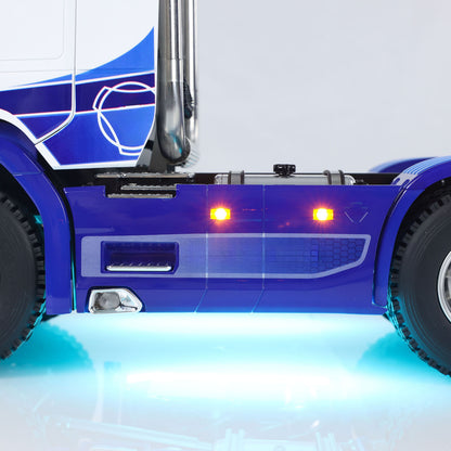 TOUCAN Modified MD 1/14 RC 6x6 Tractor Truck Side Skirt Close‑Up, Side Marker Lights, Printed Blue Decals, Chassis Ambient Light Effect