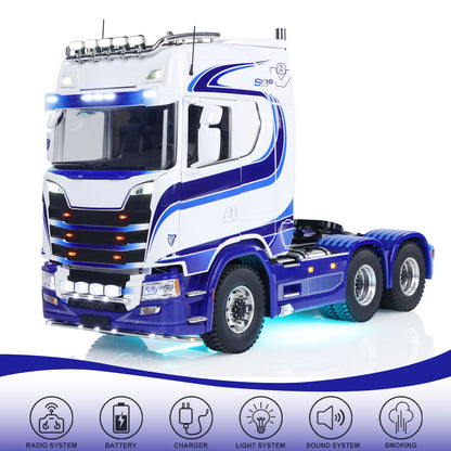TOUCAN Modified MD 1/14 RC 6x6 Tractor Truck Straight Front View, Full Front Light Set, Logo Light, Bumper Light, Sun‑Visor Lights, Realistic RC Truck Cab Appearance