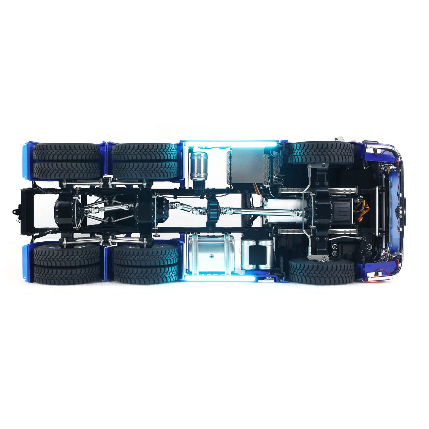 TOUCAN Modified MD 1/14 RC 6x6 Tractor Truck Under‑Chassis Bottom View, Two‑Speed Transmission Gearbox, CNC Metal Axles, Complete Drivetrain Mechanical Layout