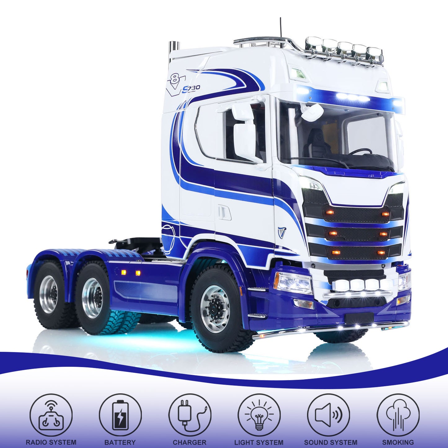 TOUCAN Modified MD 1/14 RC 6x6 Heavy Tractor Truck Front Quarter View, Blue‑White Painted Body, Multi‑Decorative Light Kit, Two‑Speed Gearbox, CNC Metal Axles With Differential Lock
