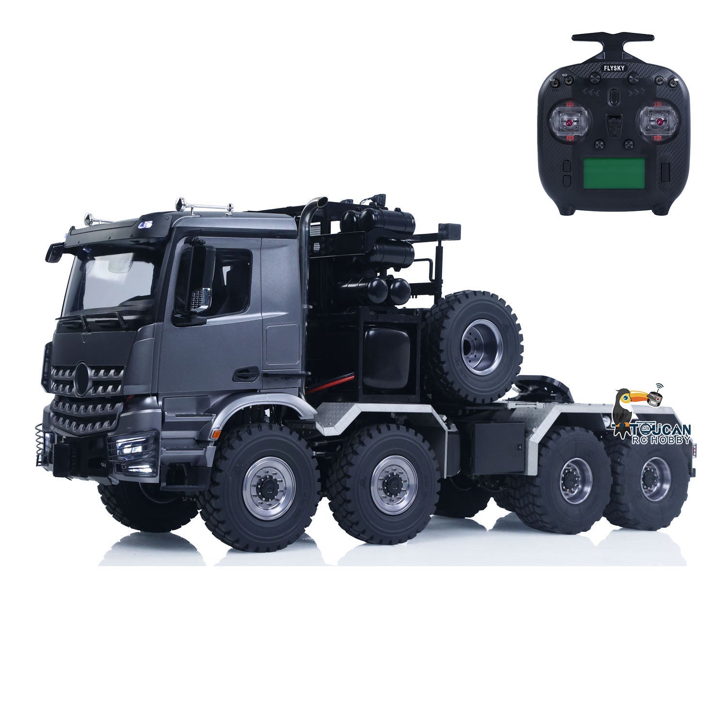 TOUCAN 1/14 RC 8x8 Off‑Road Tractor Truck Grey Front‑Oblique View, 3‑Speed Metal Gearbox, Central Differential Lock, Remote‑Controlled Metal Winch