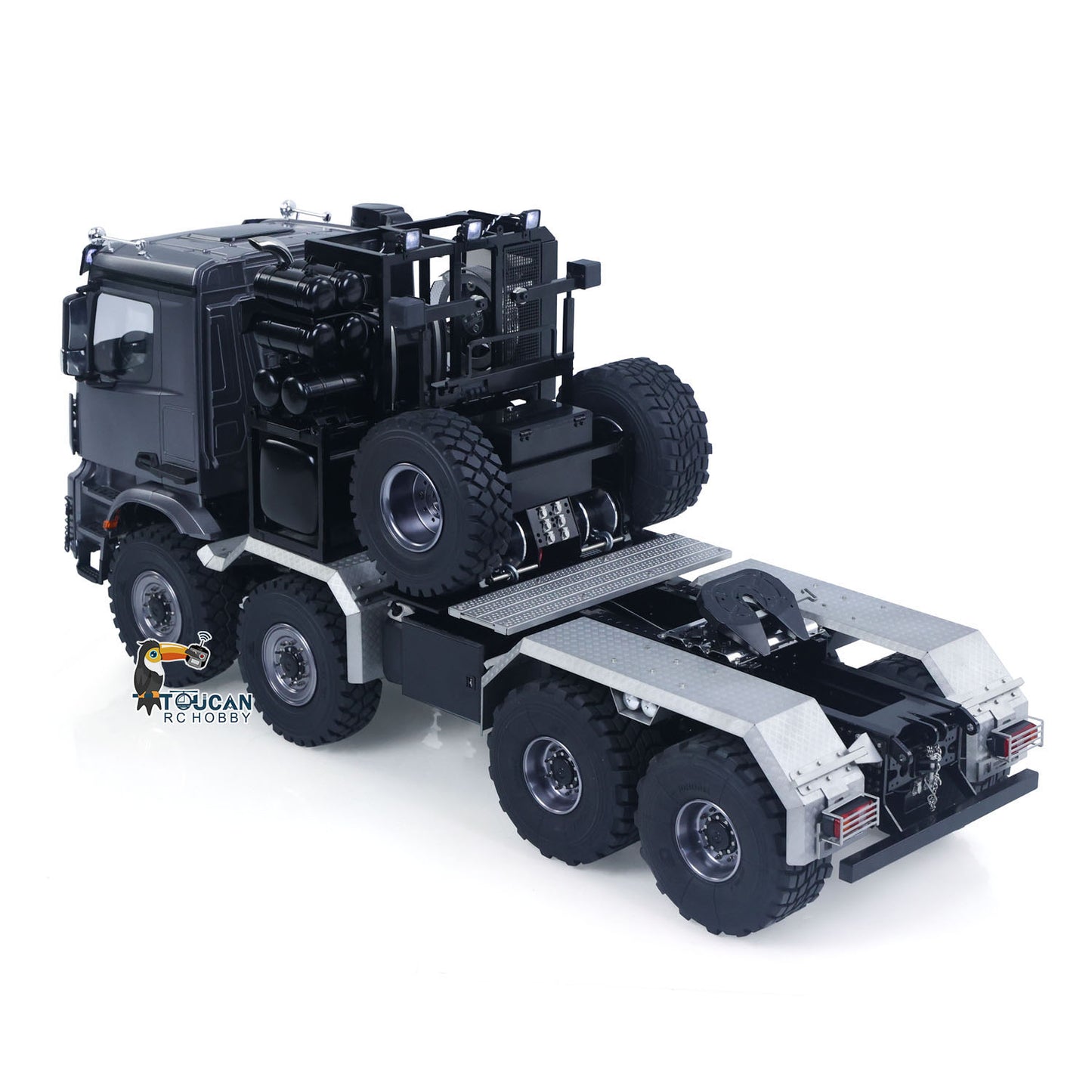 TOUCAN 1/14 RC 8x8 Off‑Road Tractor Truck Grey Rear‑Side Oblique View, Trailer Hitch Mount, Rear Spare Tire, Metal Winch Unit