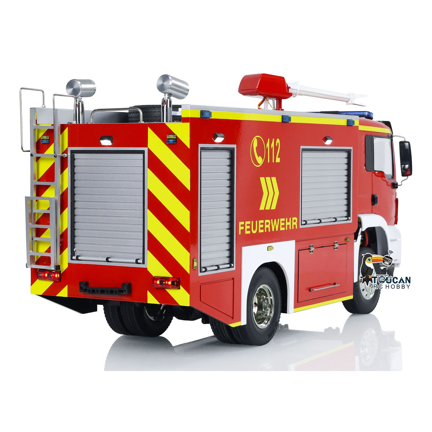 TOUCAN 1/14 4x2 RC PS010 Fire Truck Back Oblique Full‑Body Shot, German Feuerwehr Decals, Complete RC Water Spray Fire Truck Outer Appearance