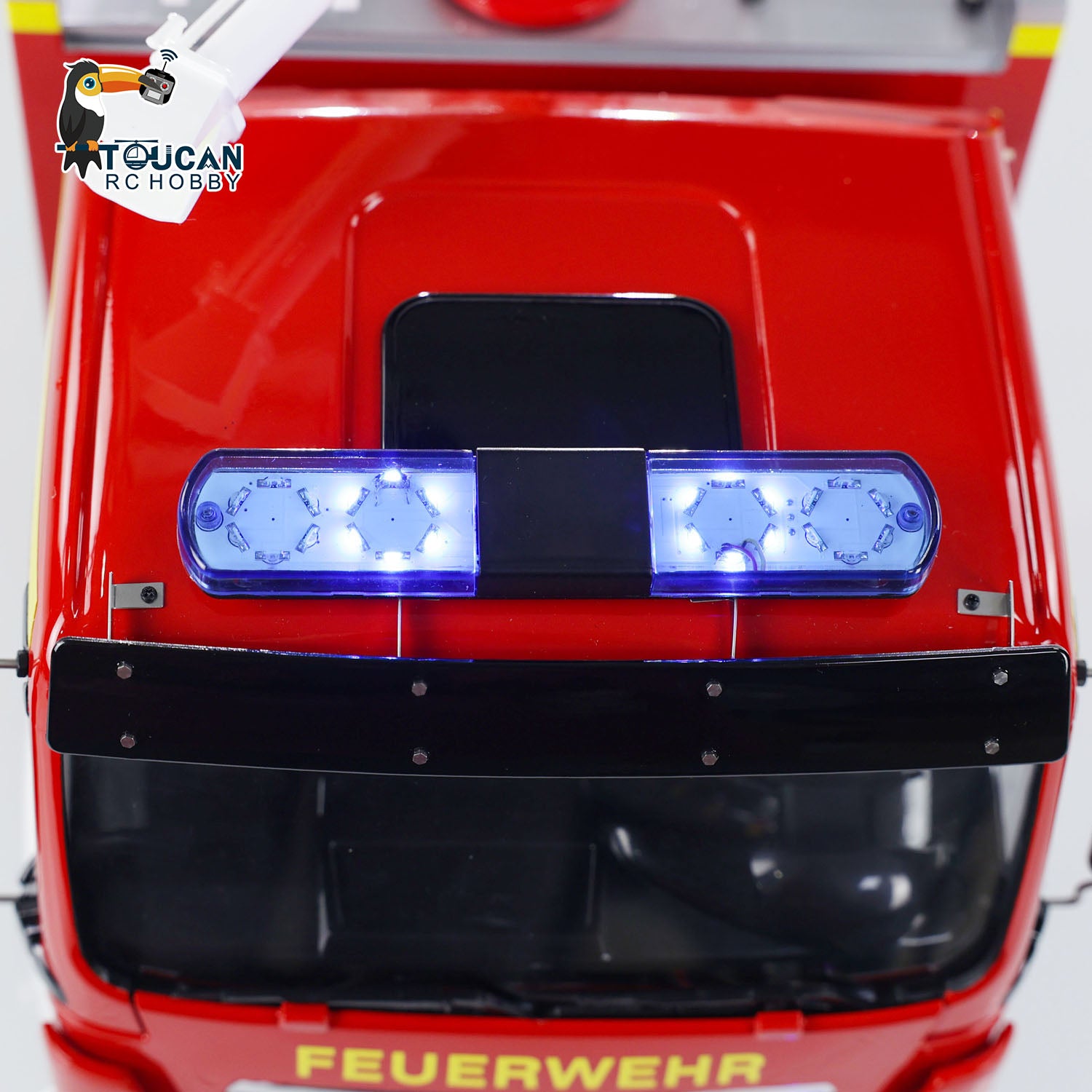TOUCAN 1/14 4x2 RC PS010 Fire Truck Cab Roof Close‑Up, Bright LED Warning Light Bar, Windshield Upper Structure Detail