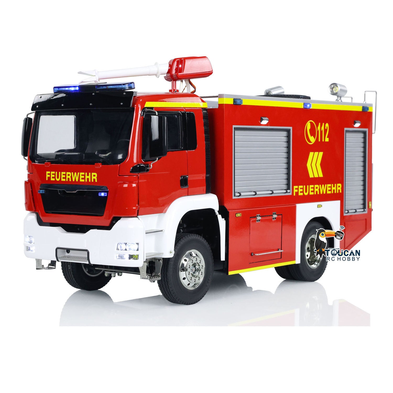 TOUCAN 1/14 4x2 RC PS010 Fire Truck Front Oblique Shot, Show Driver Cab And Side Equipment Compartment Body, Red‑White‑Black Painted Shell