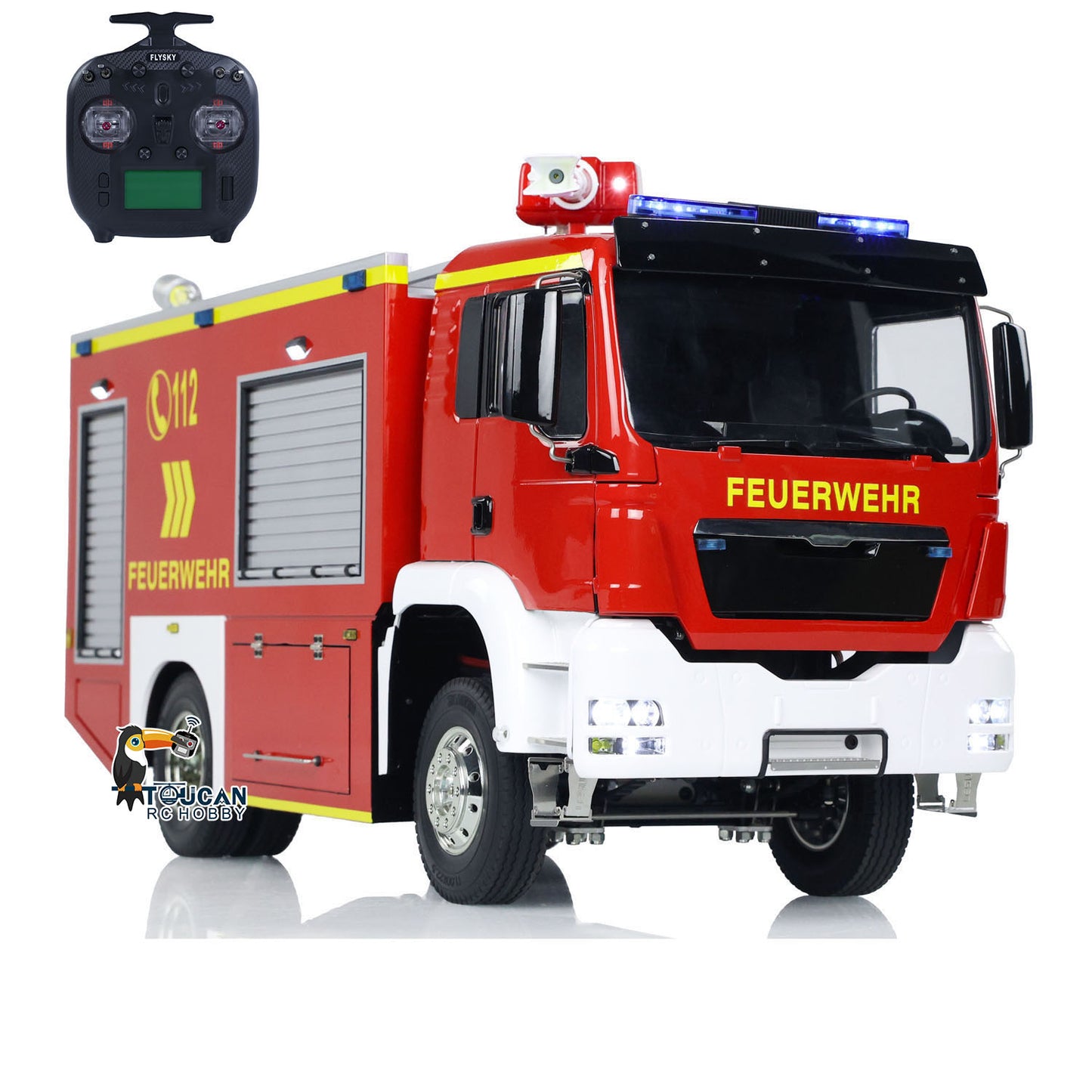 TOUCAN 1/14 4x2 RC PS010 Fire Truck Front Quarter View With ST8 Remote Controller, German Feuerwehr Markings, Realistic RC Fire Engine Model