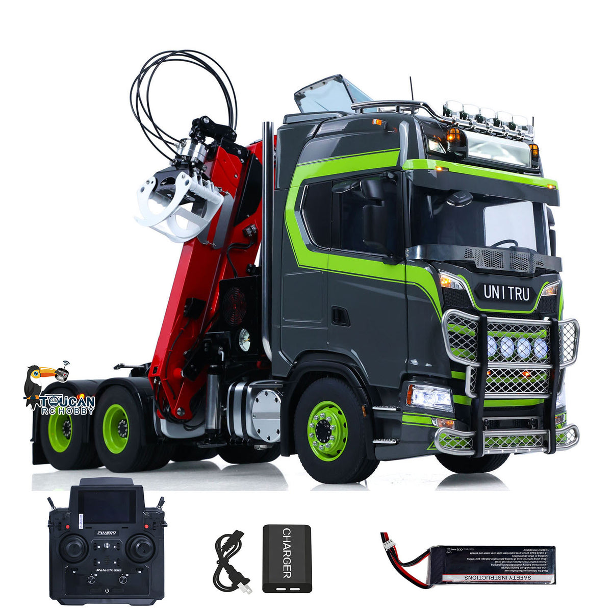 TOUCAN 1/14 RC 6x6 Tractor Truck Front Quarter View, Retracted Hydraulic Log Crane, MD 770 Dark Gray‑Green Cab, Complete Kit With Remote, Battery And Charger