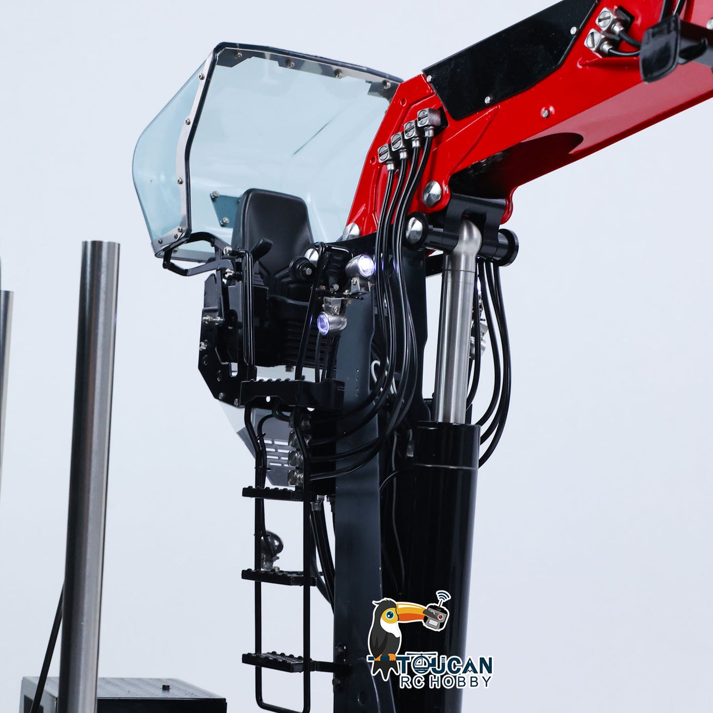 TOUCAN 1/14 RC Tractor Truck Hydraulic Log Crane Upper Section Close‑Up, Hydraulic Valve Block, Tubing And Mechanical Linkage Parts