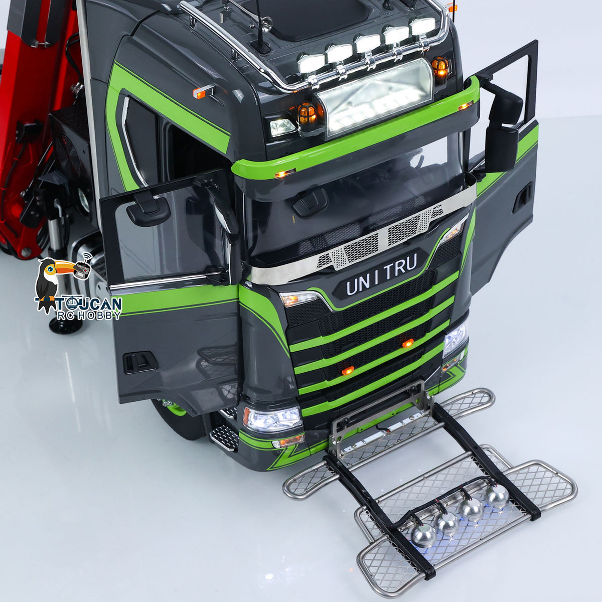TOUCAN 1/14 RC Tractor Truck MD 770 Cab Front Close‑Up, Multi‑Piece Decorative Lights, Front Grille And Step Plate, Dark Gray‑Green Paint Scheme