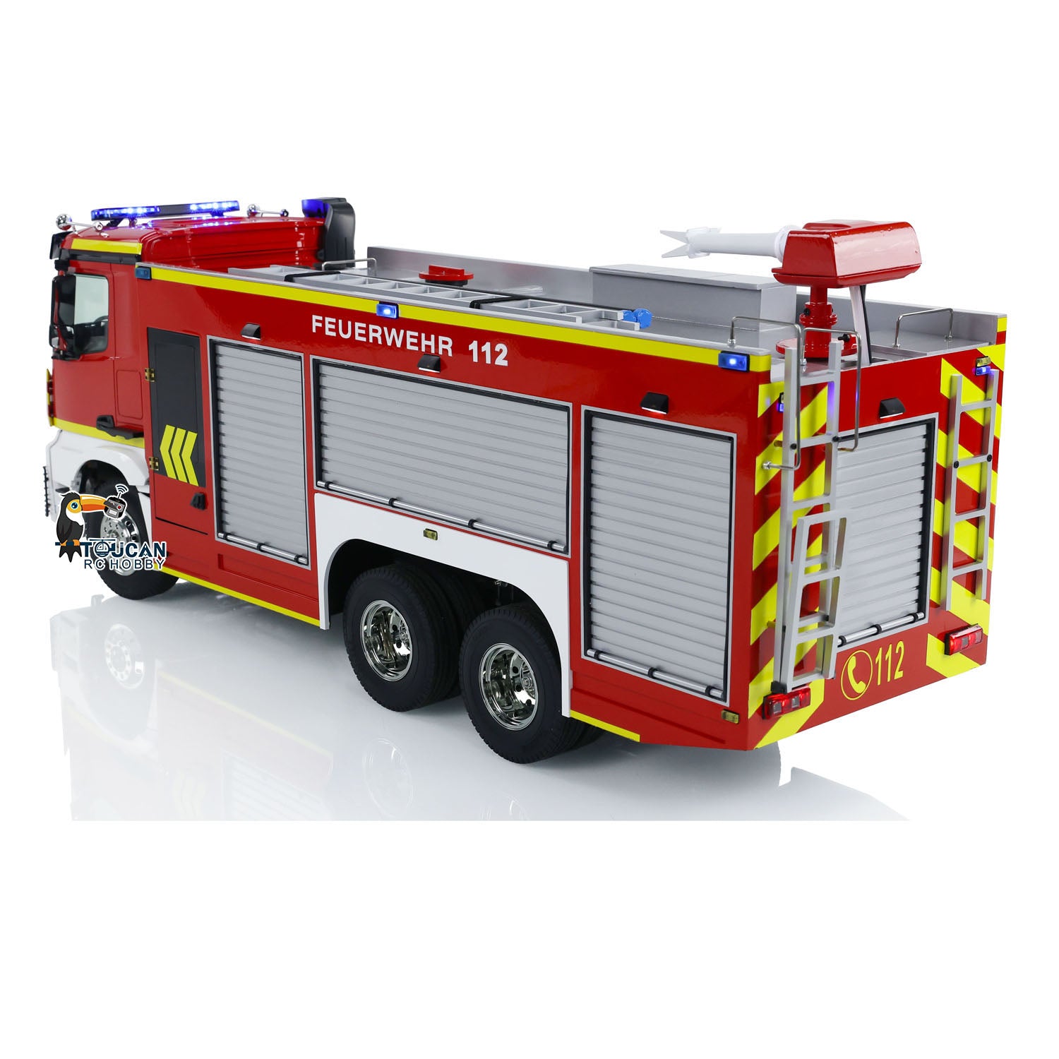 TOUCAN YLL 1/14 RC 6x4 PS007 Fire Truck Right Rear Oblique View, Roof Water Spray Cannon, Rear Access Ladder, Full Body Decal Details