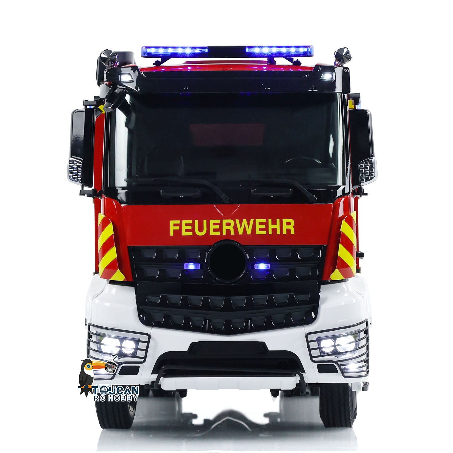 TOUCAN YLL 1/14 RC 6x4 PS007 Fire Truck Straight Front View, Cab Headlight Assembly, Roof Warning Light Bar, Realistic Front Cab Shell