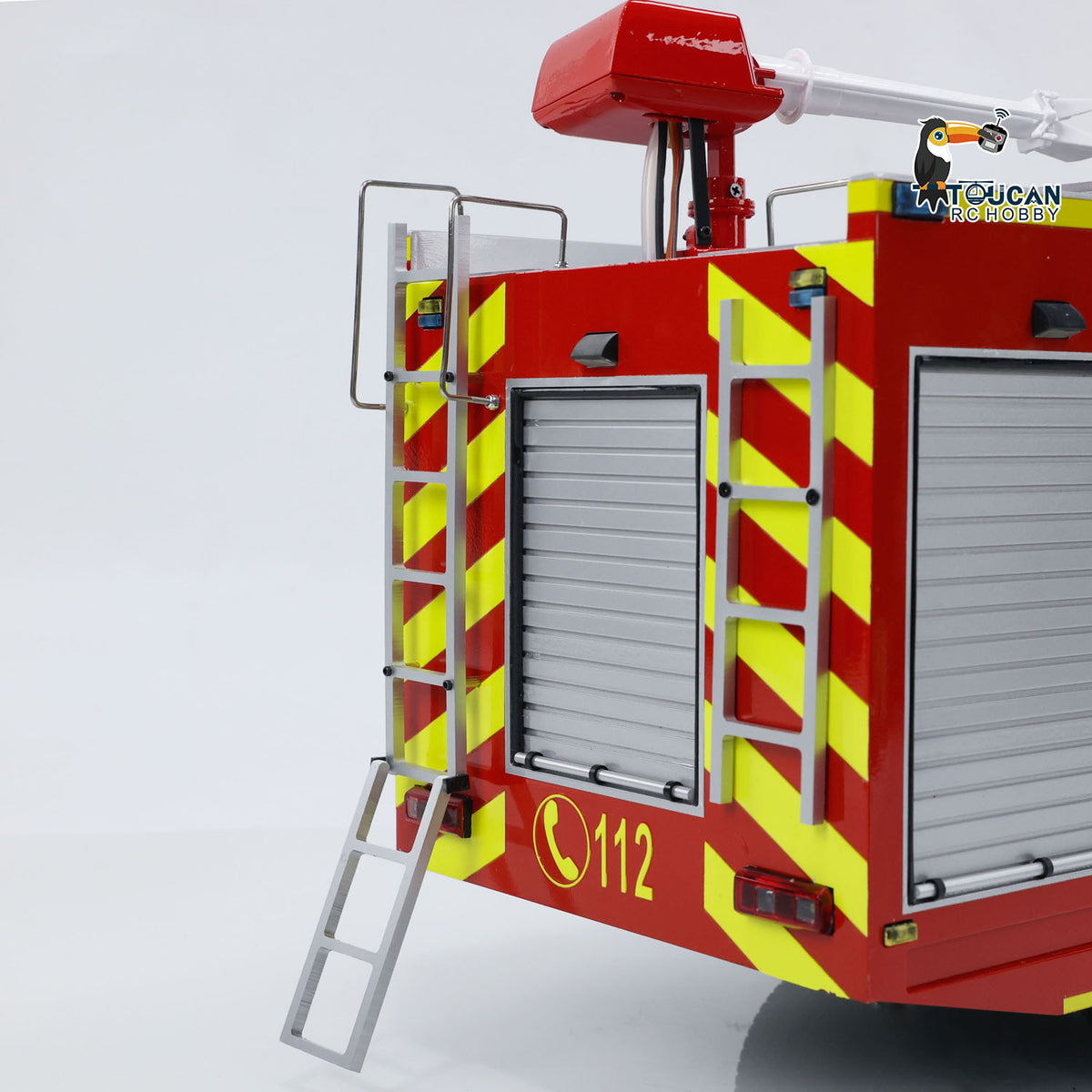 TOUCAN YLL 1/14 RC 6x4 PS007 Fire Truck Rear Corner Close‑Up, Rear Access Ladder, Roller Shutter Door, Yellow‑Red Warning Decals And 112 Marking