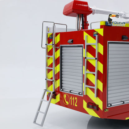 TOUCAN YLL 1/14 RC 6x4 PS007 Fire Truck Rear Corner Close‑Up, Rear Access Ladder, Roller Shutter Door, Yellow‑Red Warning Decals And 112 Marking