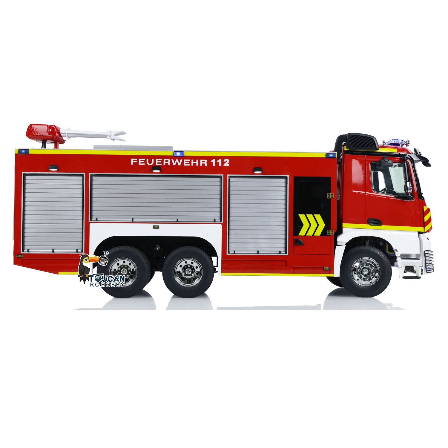 TOUCAN YLL 1/14 RC 6x4 PS007 Fire Truck Side Oblique Shot, Side Roller Shutter Compartment Doors, Yellow‑Red Warning Strip Decals, German 112 Emergency Markings