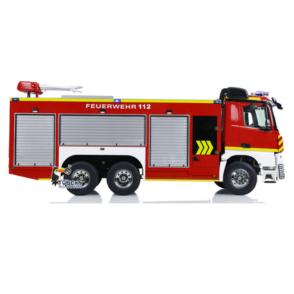 TOUCAN YLL 1/14 RC 6x4 PS007 Fire Truck Side Oblique Shot, Side Roller Shutter Compartment Doors, Yellow‑Red Warning Strip Decals, German 112 Emergency Markings