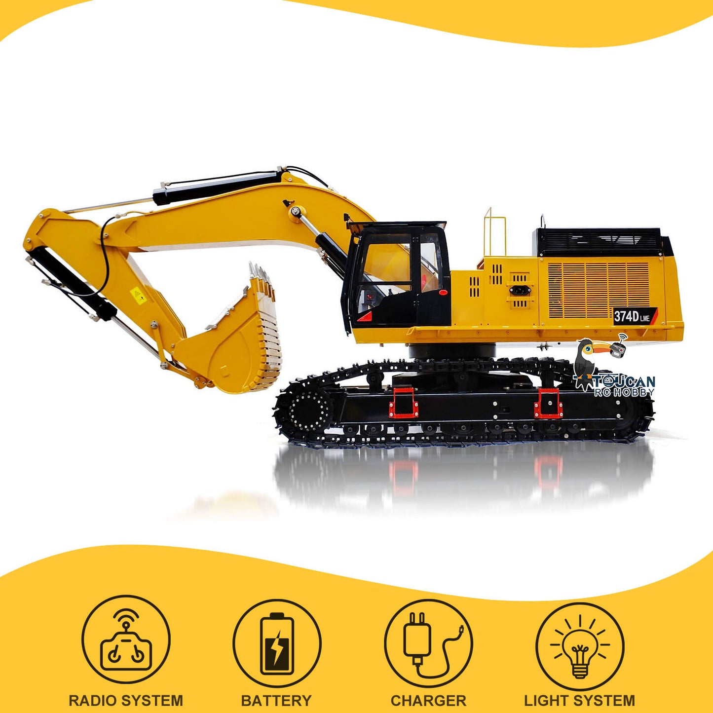 TYMX 1/8 metal hydraulic RC crawler excavator left side view with remote controller battery and charger