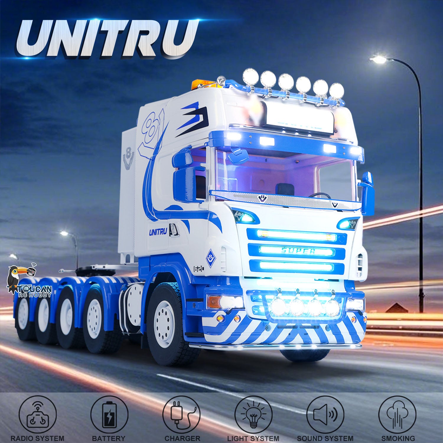 Unitru 04 1/14 Scania RC Tractor Truck 10x10 Heavy Duty Truck in Real Working Scene