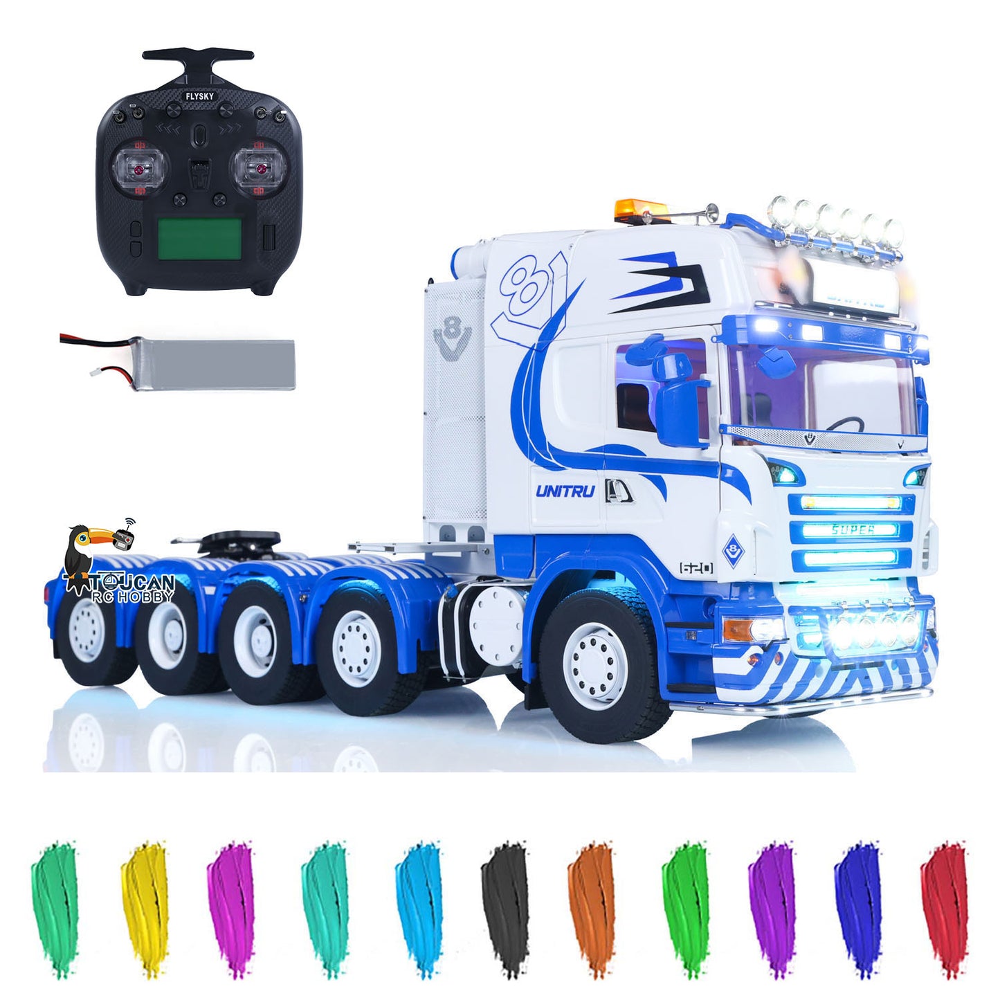 Unitru 04 1/14 RC Semi Truck Scania 10x10 Blue White RTR Display Model