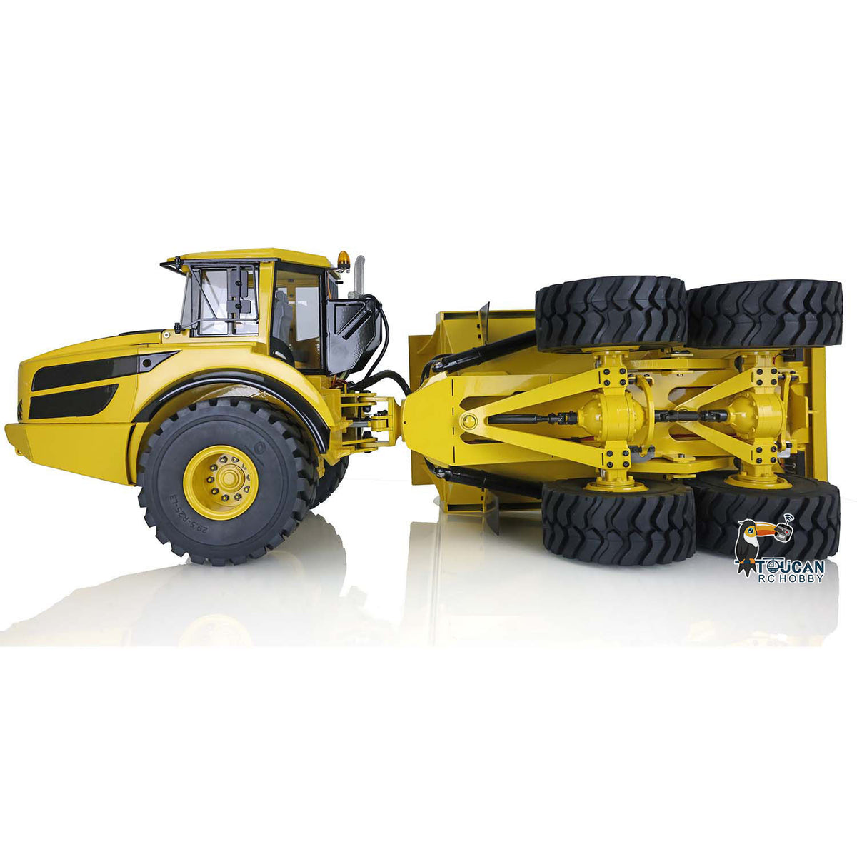 XDRC 1/14 Hydraulic Articulated Dump Truck Top-Down Chassis View, Full 6X6 Drivetrain Layout, Differential Speed With Wheel Deceleration