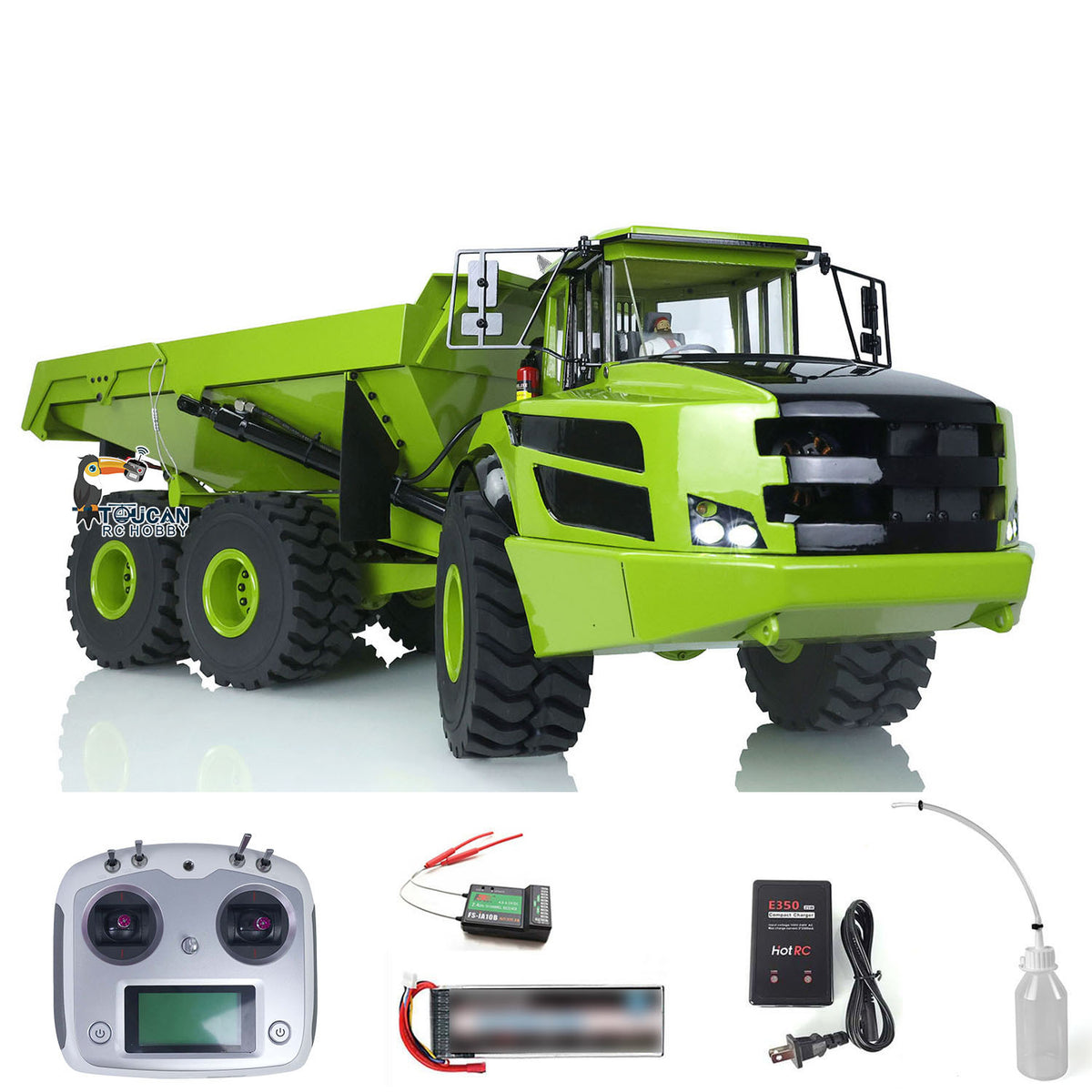 XDRC 1/14 Hydraulic Articulated Dump Truck Green Version Full Kit, With Remote Controller & Battery Charger, 3S 5200mAh Battery, Realistic Hydraulic Dumping Function