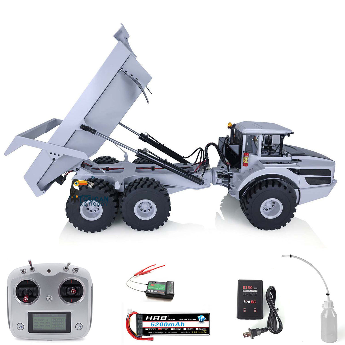 XDRC 1/14 Hydraulic Articulated Dump Truck White Version Full Kit, With Remote Controller, Battery & Charger, Zinc Alloy Die-Cast Axle, 40 Degree Max Turning Angle