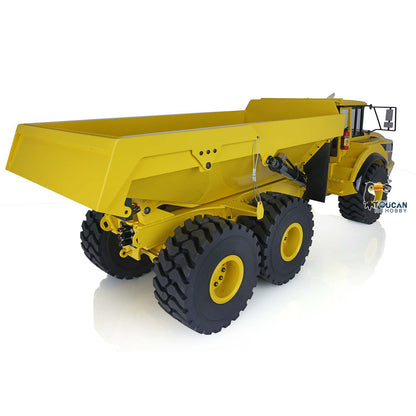 XDRC 1/14 Hydraulic Articulated Dump Truck Yellow Left Rear Oblique View, Flat Bed, Rear Dump Body & Articulated Joint Detail