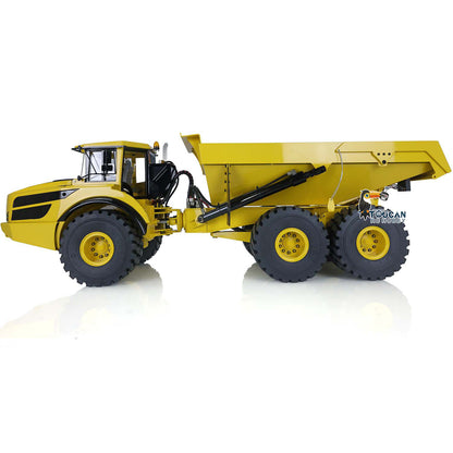 XDRC 1/14 Hydraulic Articulated Dump Truck Yellow Left Side View, Flat Bed Position, Articulated Steering Joint Structure, 6X6 Wheel Deceleration Drive