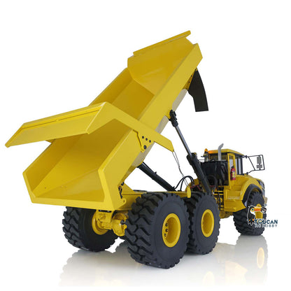 XDRC 1/14 Hydraulic Articulated Dump Truck Yellow Right Front View, Dumping Pose, Hydraulic Cylinder Lifting Structure, 40 Degree Max Turning Angle