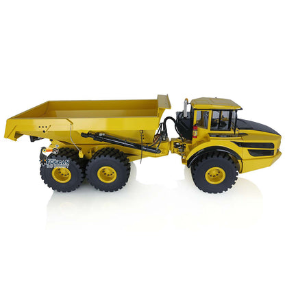 XDRC 1/14 Hydraulic Articulated Dump Truck Yellow Right Side View, Flat Cargo Bed, Zinc Alloy Die-Cast Axle, Durable Metal Chassis Build