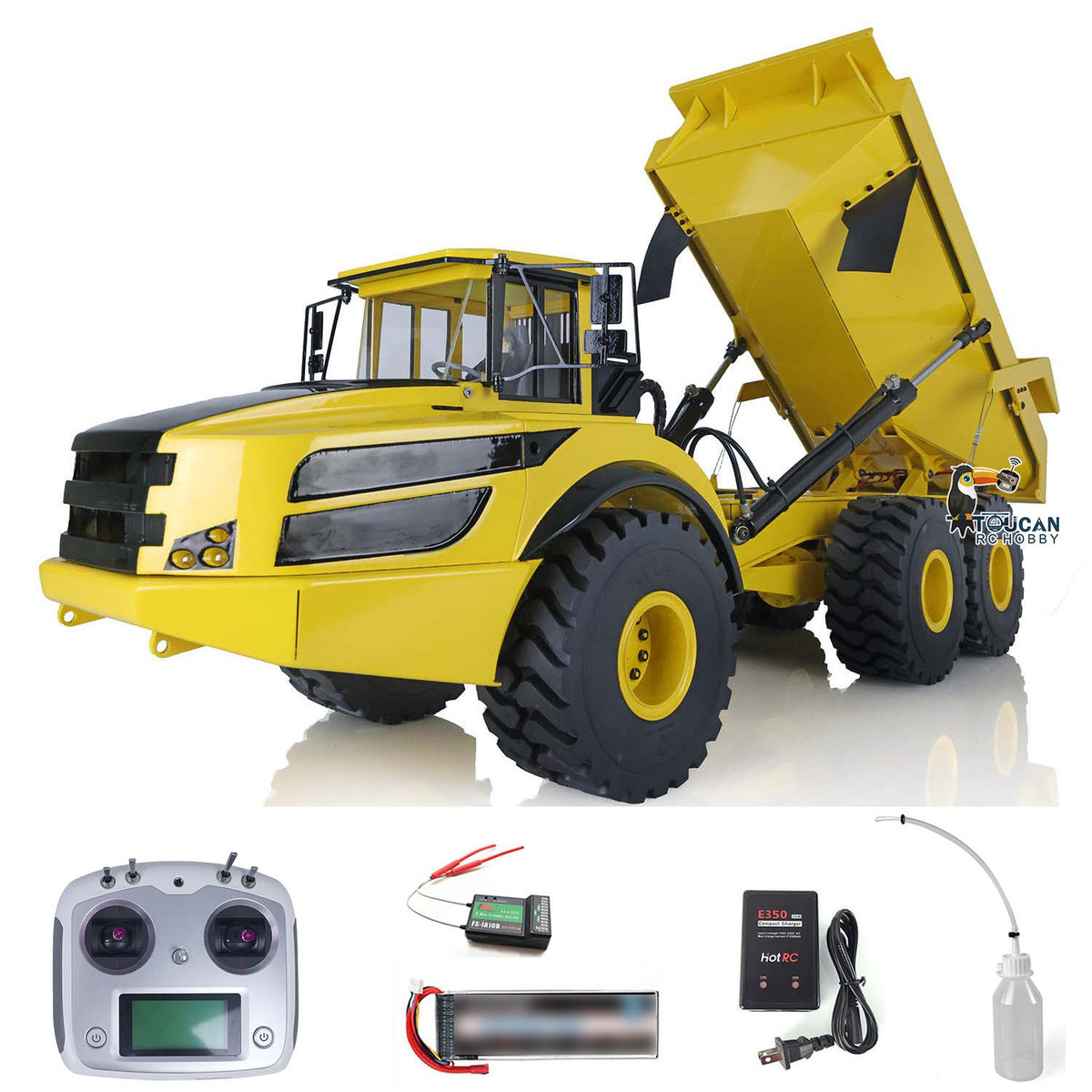 XDRC 1/14 Scale Metal Hydraulic Articulated Dump Truck, Yellow Version, I6S Transmitter, Light & Sound System, Battery & Charger Included, 6X6 Differential Speed Drive, Brushless Pump & Motor, Hydraulic Steering