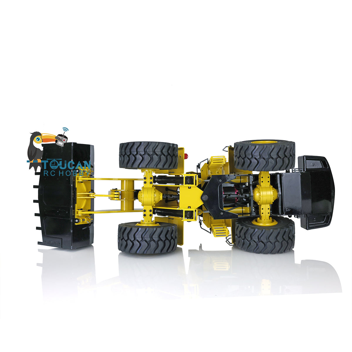 XDRC 470 1/14 Hydraulic Wheel Loader Top-Down Chassis View, Full 4-Wheel Drive Layout, Metal Deceleration Axle Structure Detail